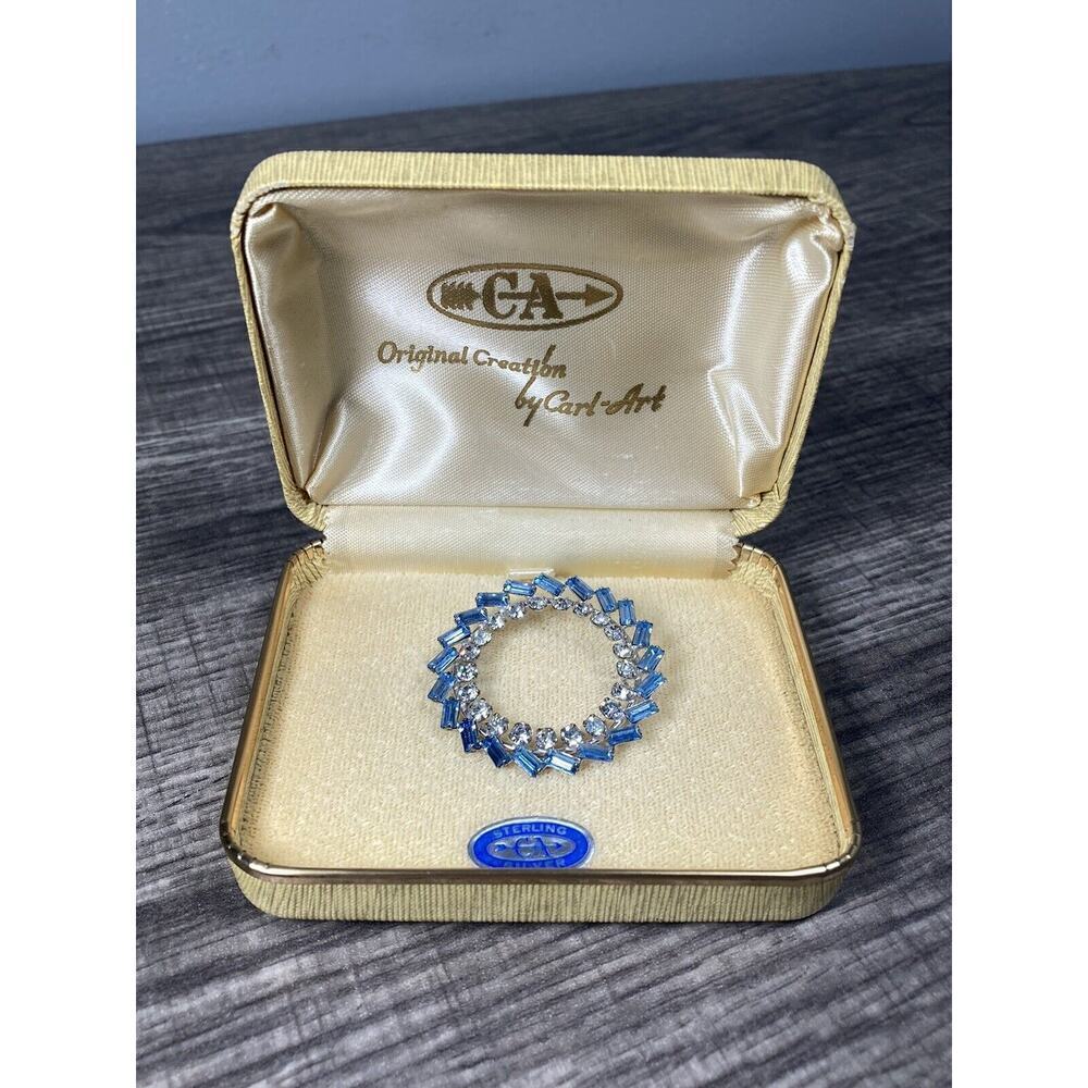 Vintage Carl Art Sterling Silver Blue Baguette Clear Round Rhinestone Brooch Pin